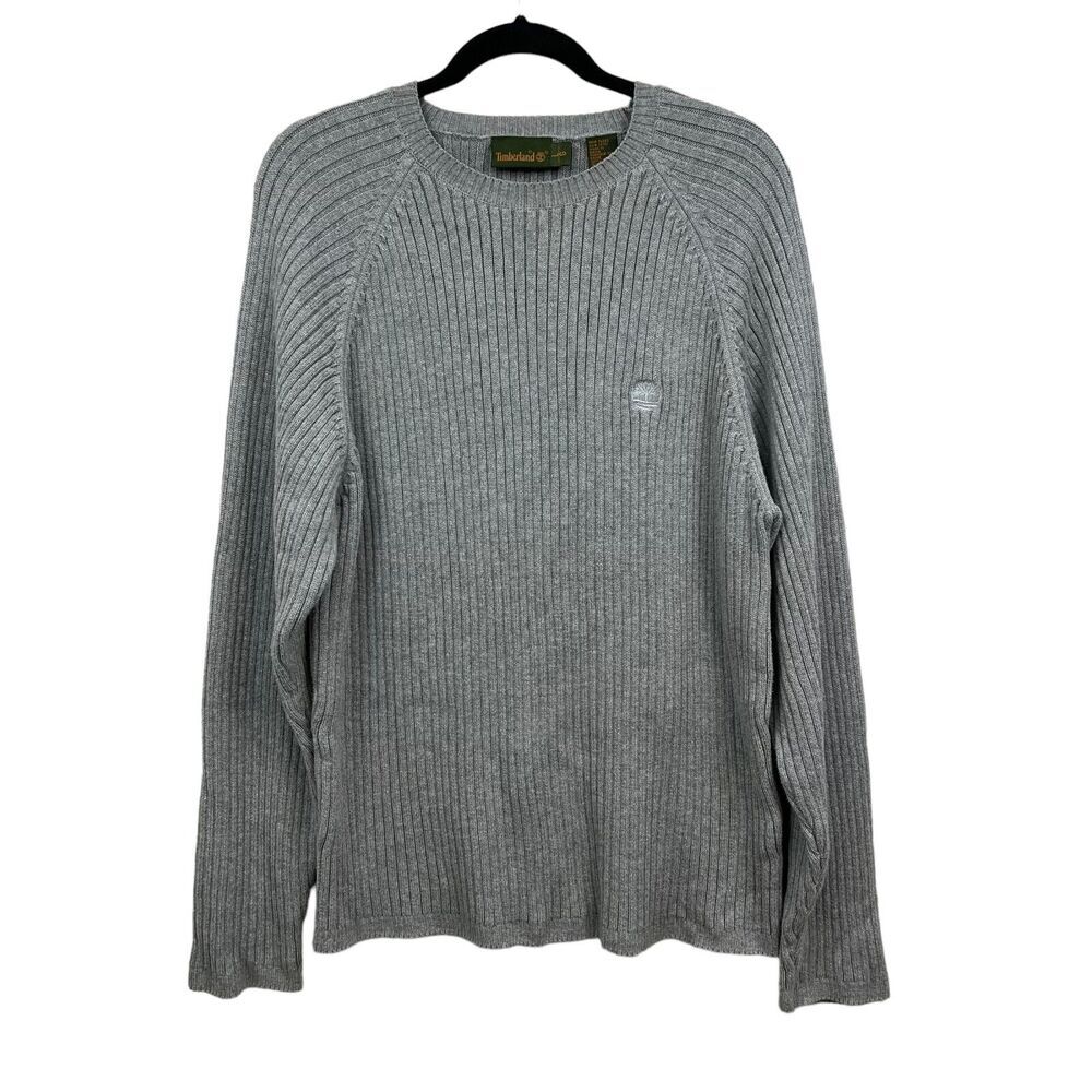 Timberland Mens Knit Sweater Crew Neck Ribbed Stitched Logo Gray Size L*